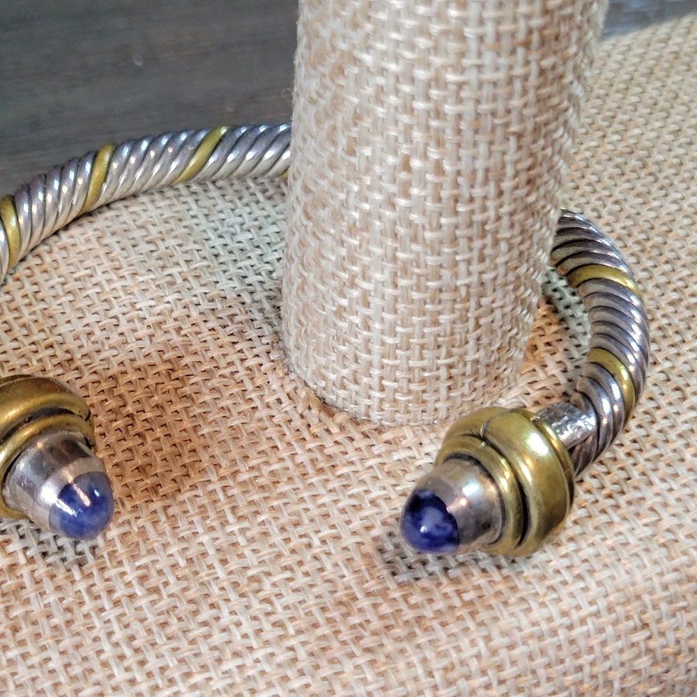 Vintage Mexico 925 Sterling Silver Rope Bracelet with Sodalite End Caps 42 Grams